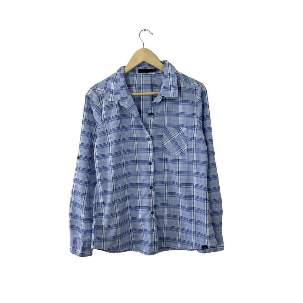 PrAna Medium Button Front Shirt Blue Plaid Roll Tabs Long Sleeve Travel Womens